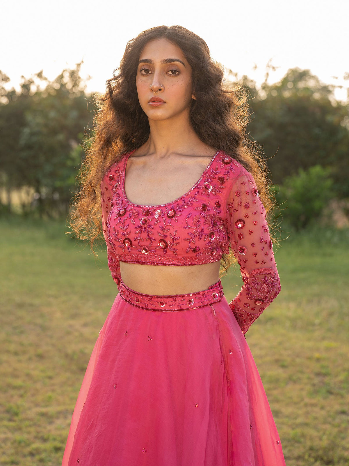 Azalea Pink Silk Organza Lehenga Set
