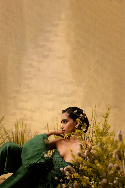 Emerald green hand embroidered chanderi silk suit set with organza dupatta