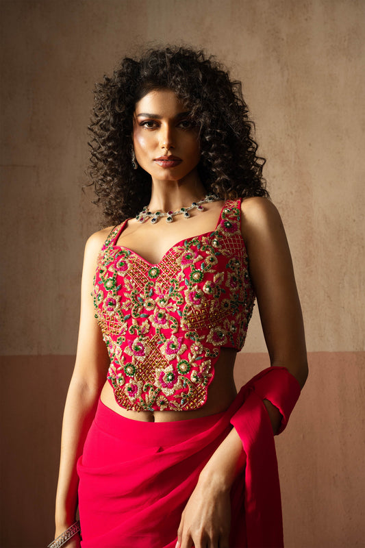 Predraped, Fuschia Pink, Embroidered Georgette Saree With Corset Blouse