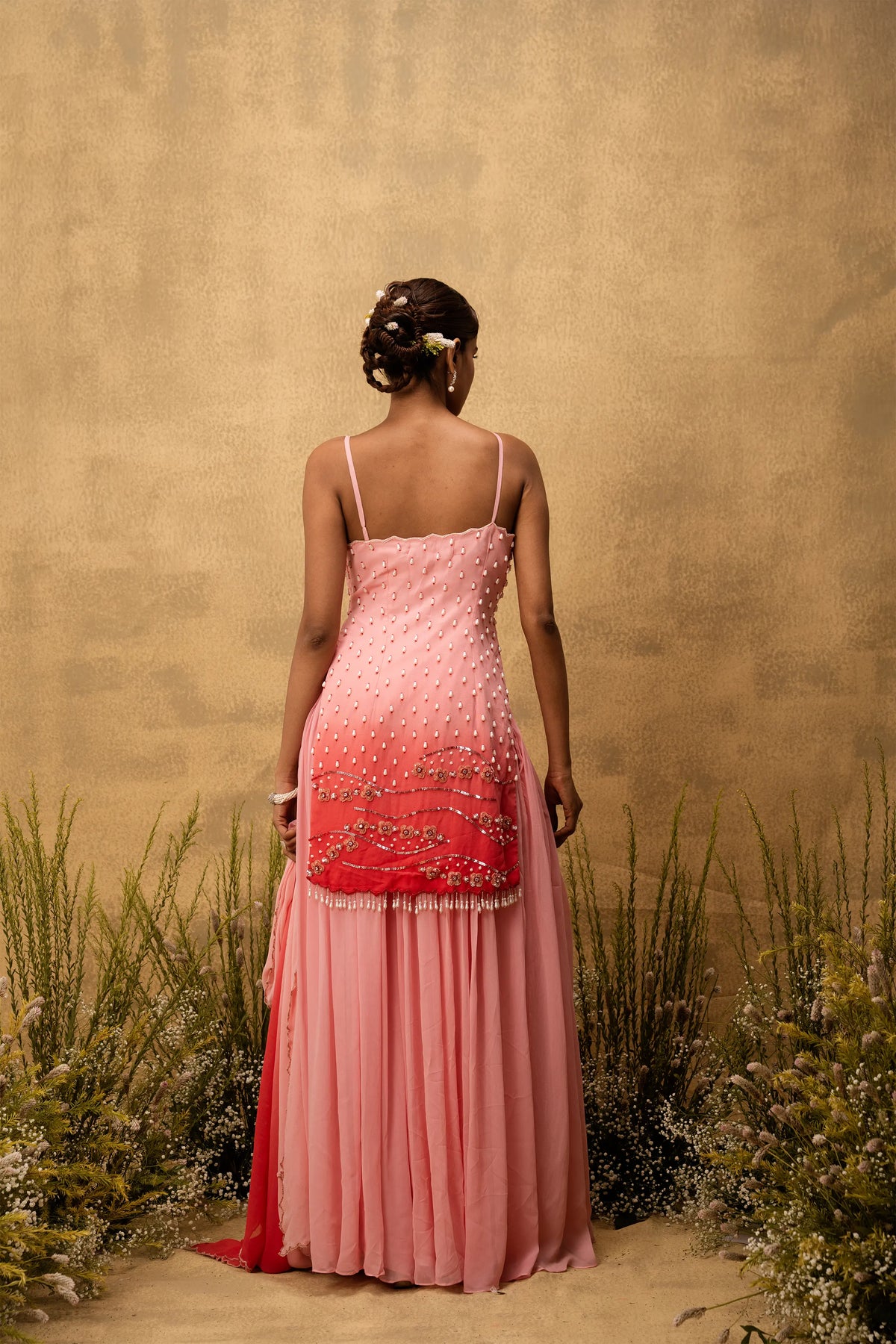 Pastel pink ombre hand embroidered georgette sharara set