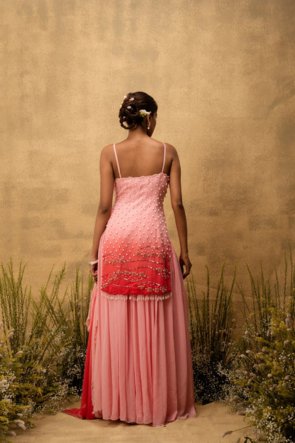 Pastel pink ombre hand embroidered georgette sharara set