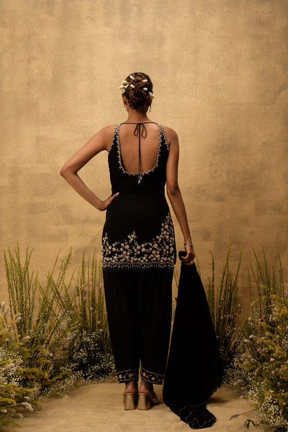 Black hand embroidered chanderi silk suit set with organza dupatta