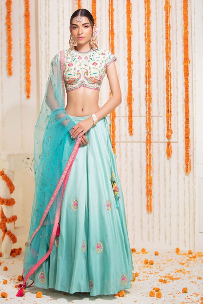 Light Aqua Lehenga Set Light Aqua Ombre and Off White