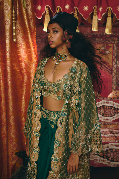 Emerald Green Draped Skirt,Long Jacket, and Bustier Set