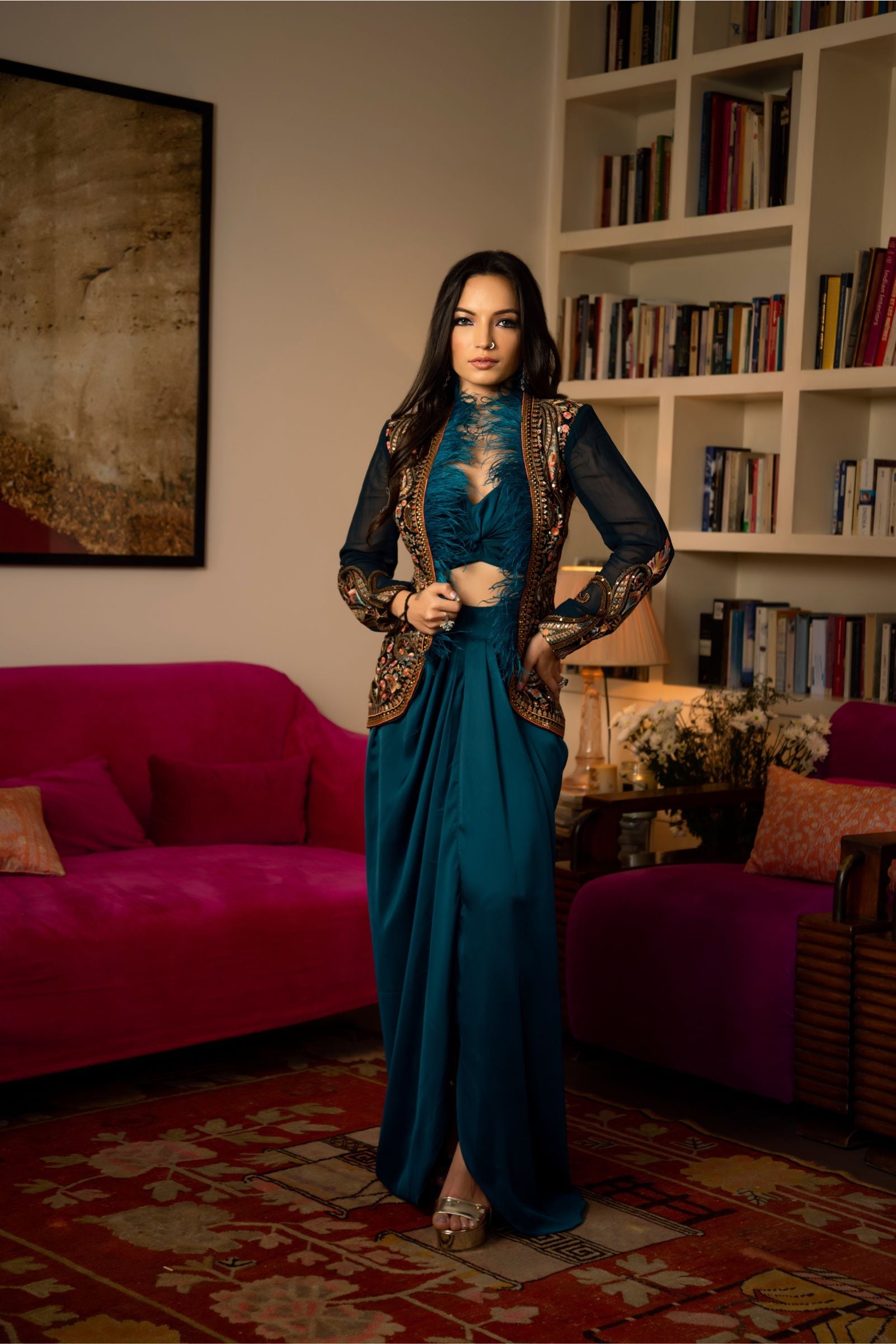 Women's Teal Embroidered Short Jacket Set