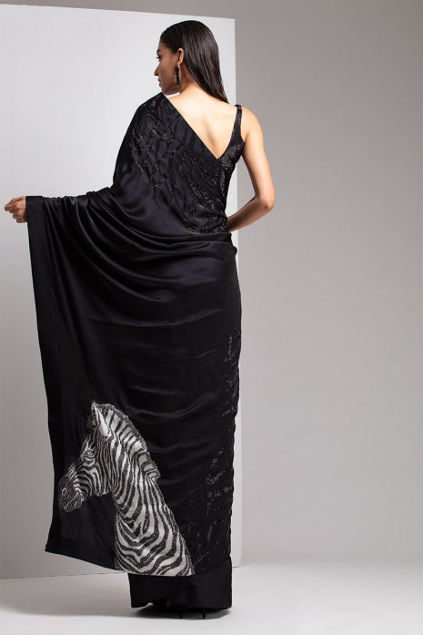 Black Zebra Face Saree with Blouse Black