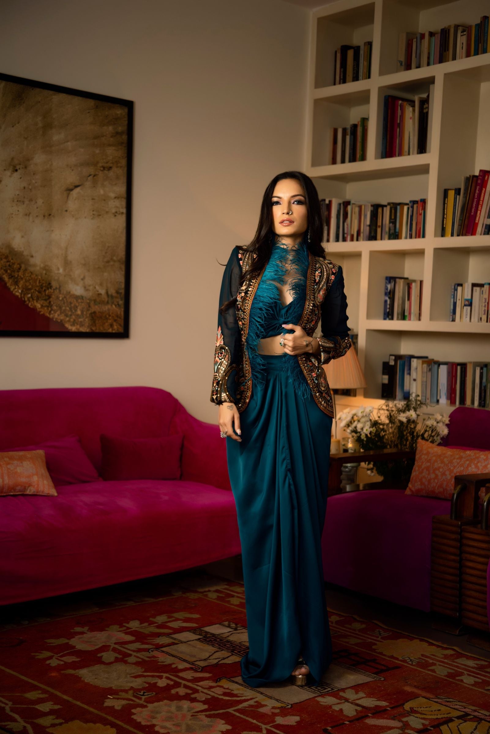 Women's Teal Embroidered Short Jacket Set