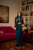 Women's Teal Embroidered Short Jacket Set