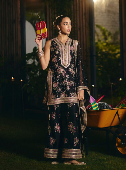 Lami Pima Satin Black Kurta With Flared Bell-Bottom Pants