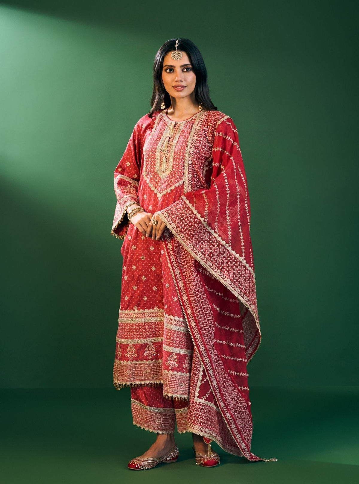 Lari Pima Satin Printed Red Kurta Set