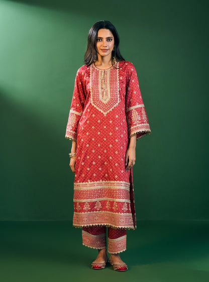 Lari Pima Satin Printed Red Kurta Set
