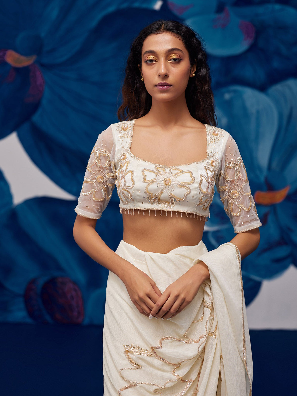 Petal Moon Ivory Draped Saree Set