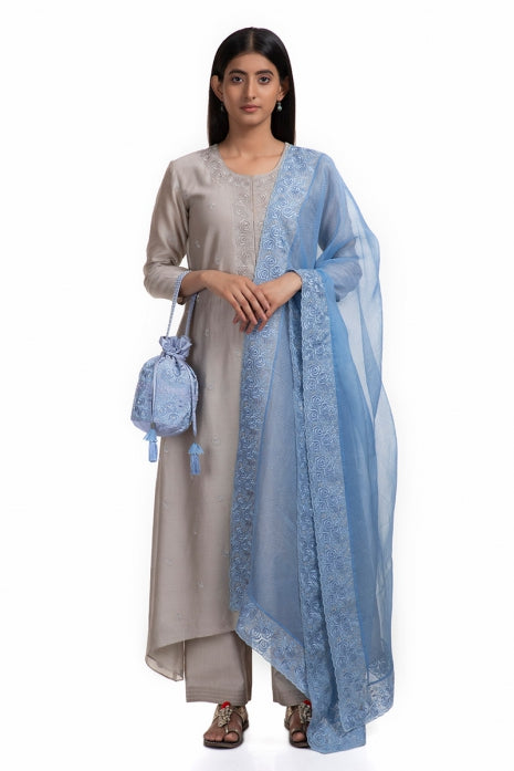 Sansaa Kurta Set Grey and Ice Blue