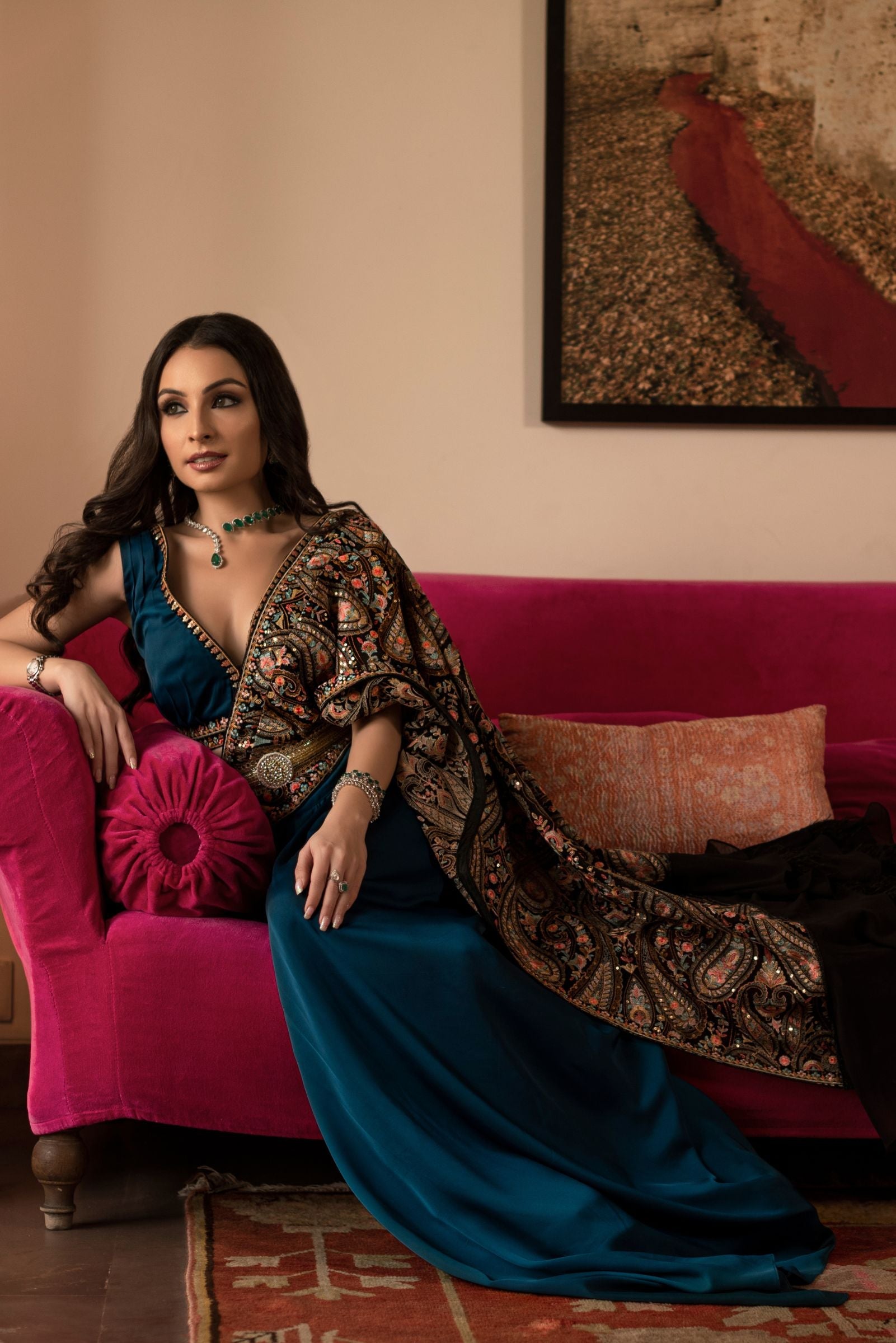 Women's Teal Embroidered Draped Saree Skirt Set