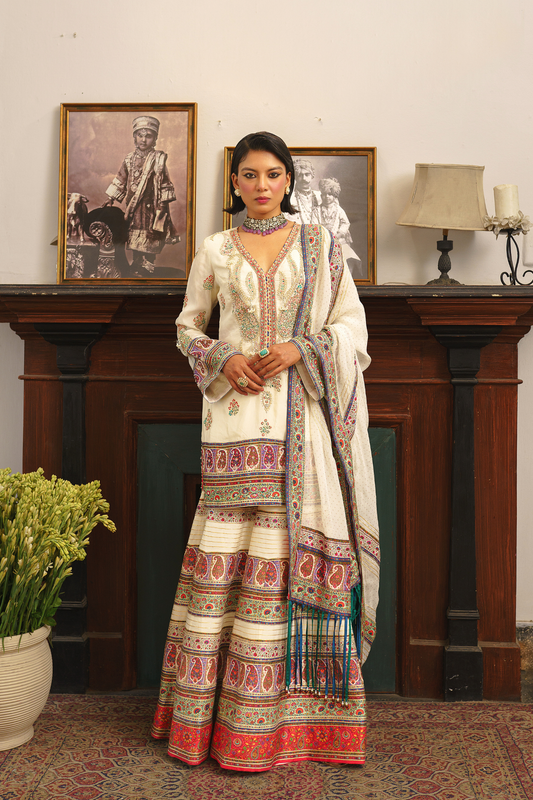Ivory paisley short kurta with sharara set