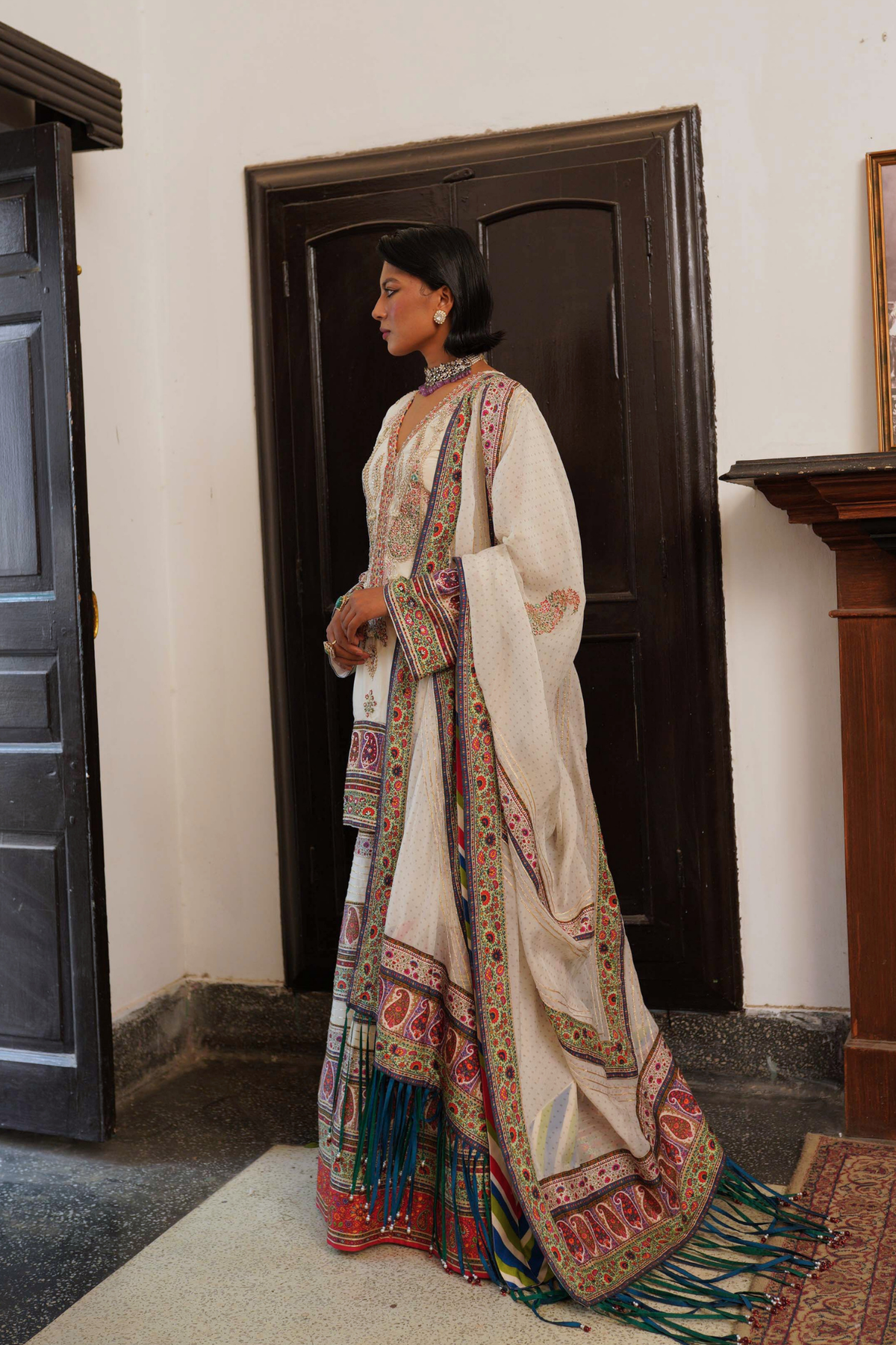 Ivory paisley short kurta with sharara set