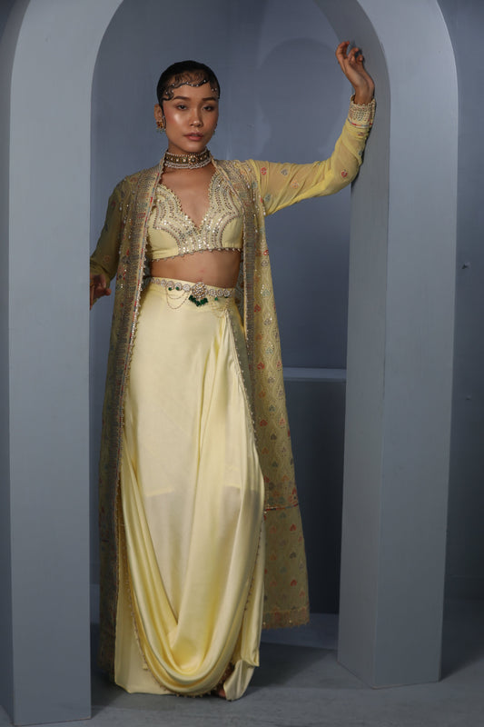 Women's Yellow Floral Draped Cape-Skirt