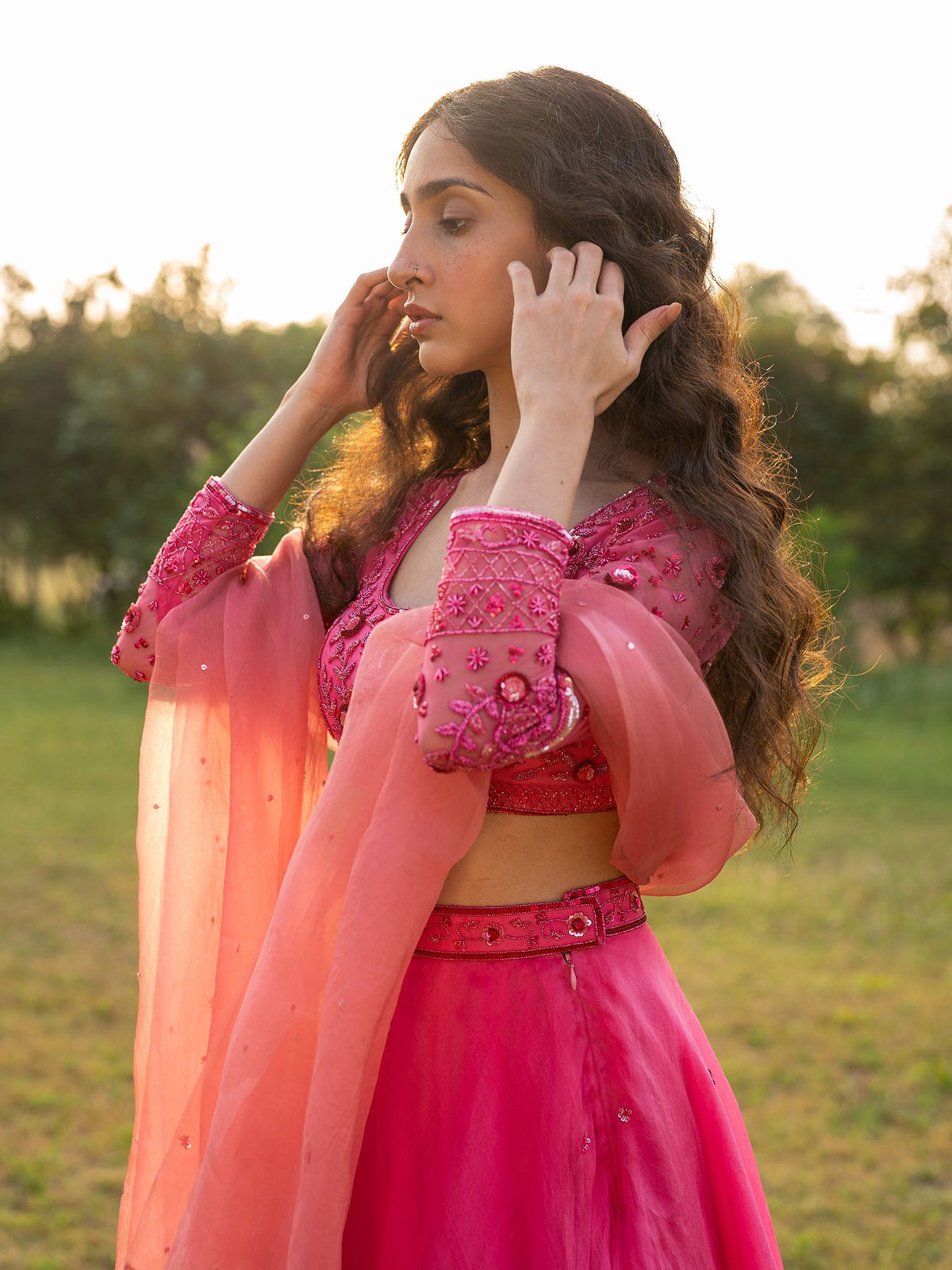 Azalea Pink Silk Organza Lehenga Set