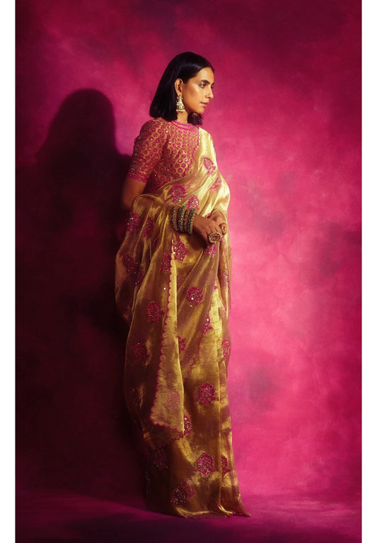 Gold Tissue Applique Saree Set