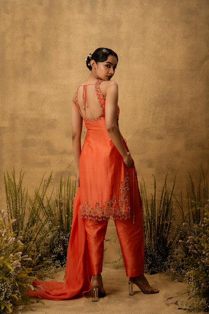 Bright orange hand embroidered chanderi silk suit set with organza dupatta