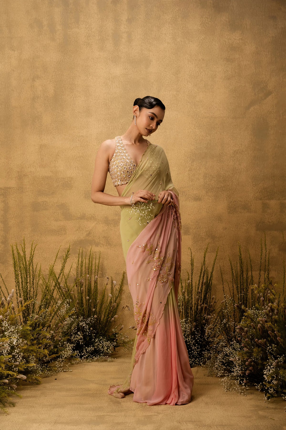 Pastel green & pink ombre Pre-stitched hand embroidered georgette saree set