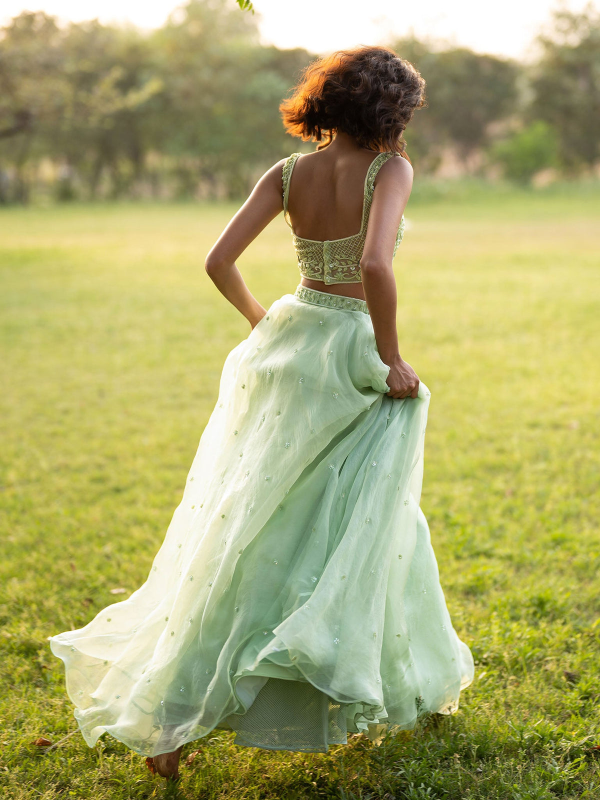 Summerhaven Green Silk Organza Lehenga