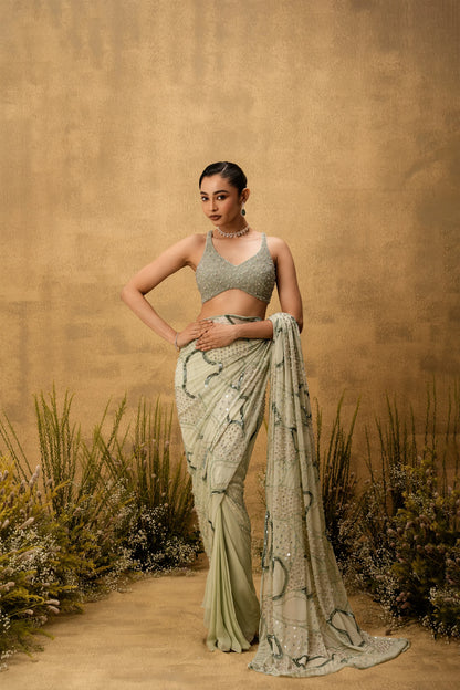 Mint green Pre-stitched hand embroidered georgette saree set