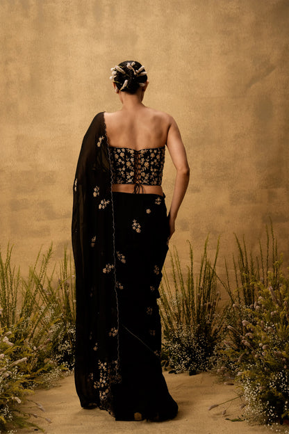 Black Pre-stitched hand embroidered organza saree set