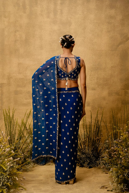 Sapphire blue Pre-stitched hand embroidered georgette saree set