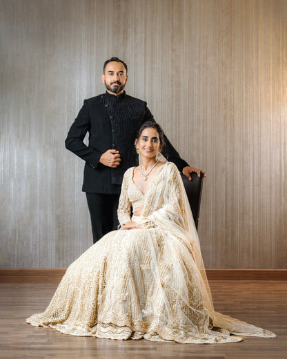 Vineeta Singh In Ivory Tulle Lehenga Choli Dupatta Set with an Optional Veil