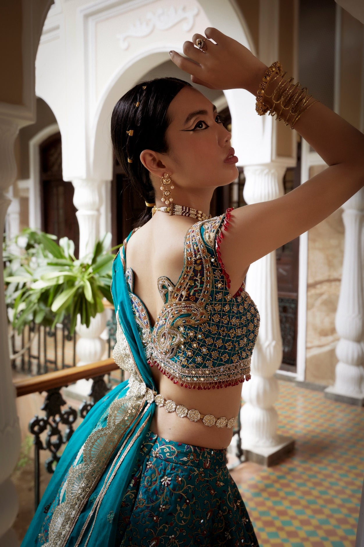 Buy Teal Blue Jamawar Embroidered Lehenga Set
