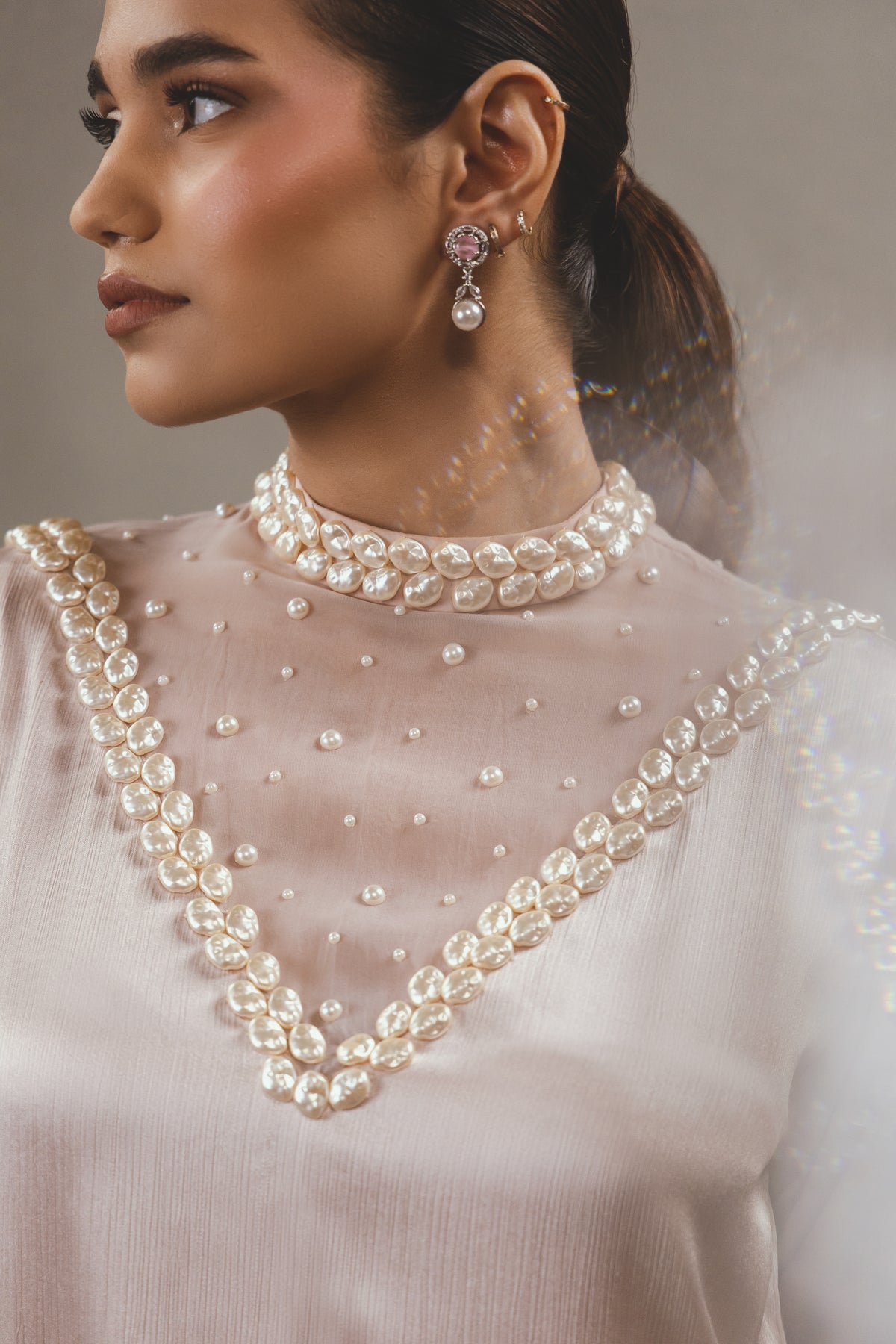 Pink High Neck Pearl Kurta