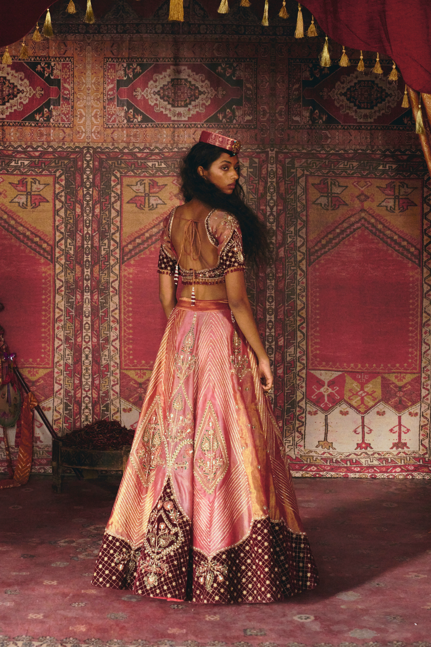 Blush Pink Pure Tissue and Maroon Velvet Lehenga Set