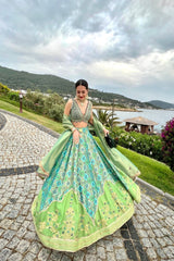 Women's Green Banarasi Jharokha Lehenga Set