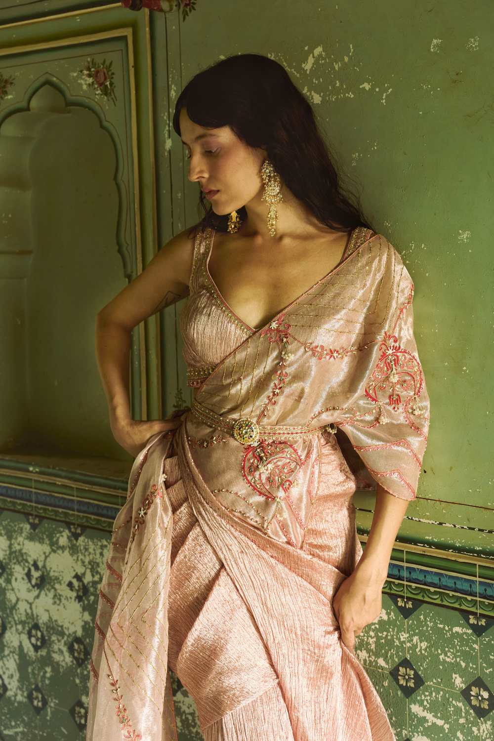 Rose gold crushed silk saree