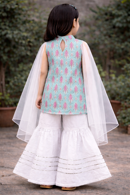 Sea Green Hand Block Printed Cotton Sharara Suit