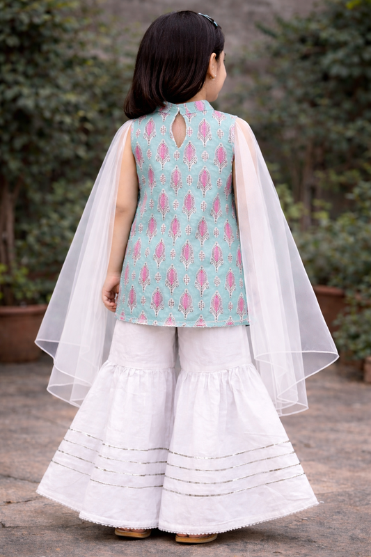 Sea Green Hand Block Printed Cotton Sharara Suit