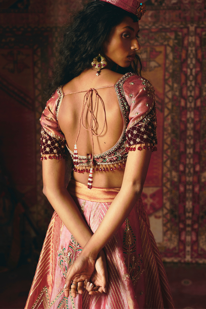 Blush Pink Pure Tissue and Maroon Velvet Lehenga Set