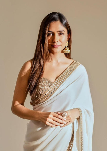 MRUNAL THAKUR IN Off White Mirror Satin Saree Set