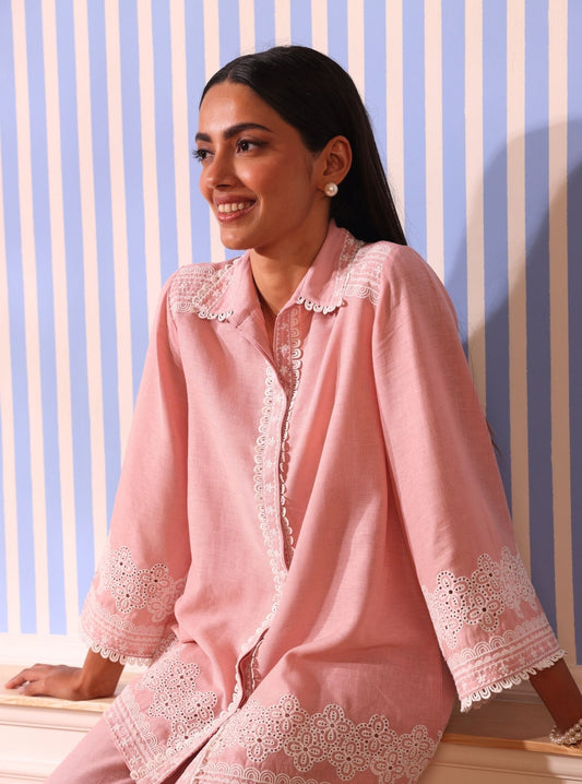 Mulmul Linen Ragnar Pink Shirt With Mulmul Linen Ragnar Pink Pant