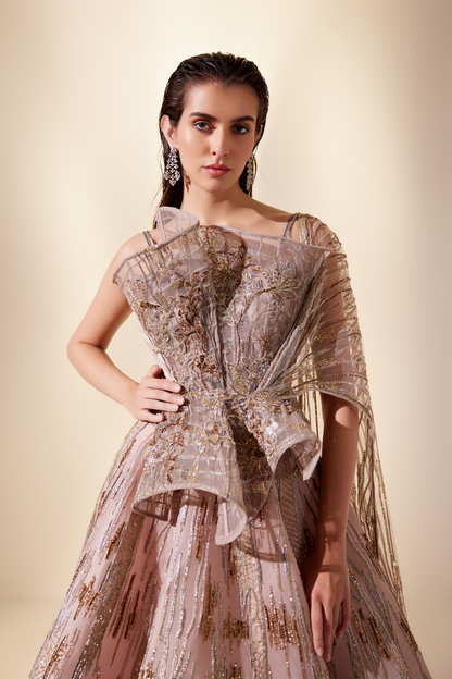 Peachy Cascade Lehenga Set