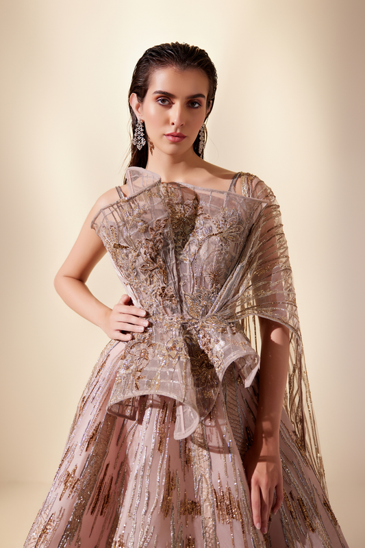 Peachy Cascade Lehenga Set