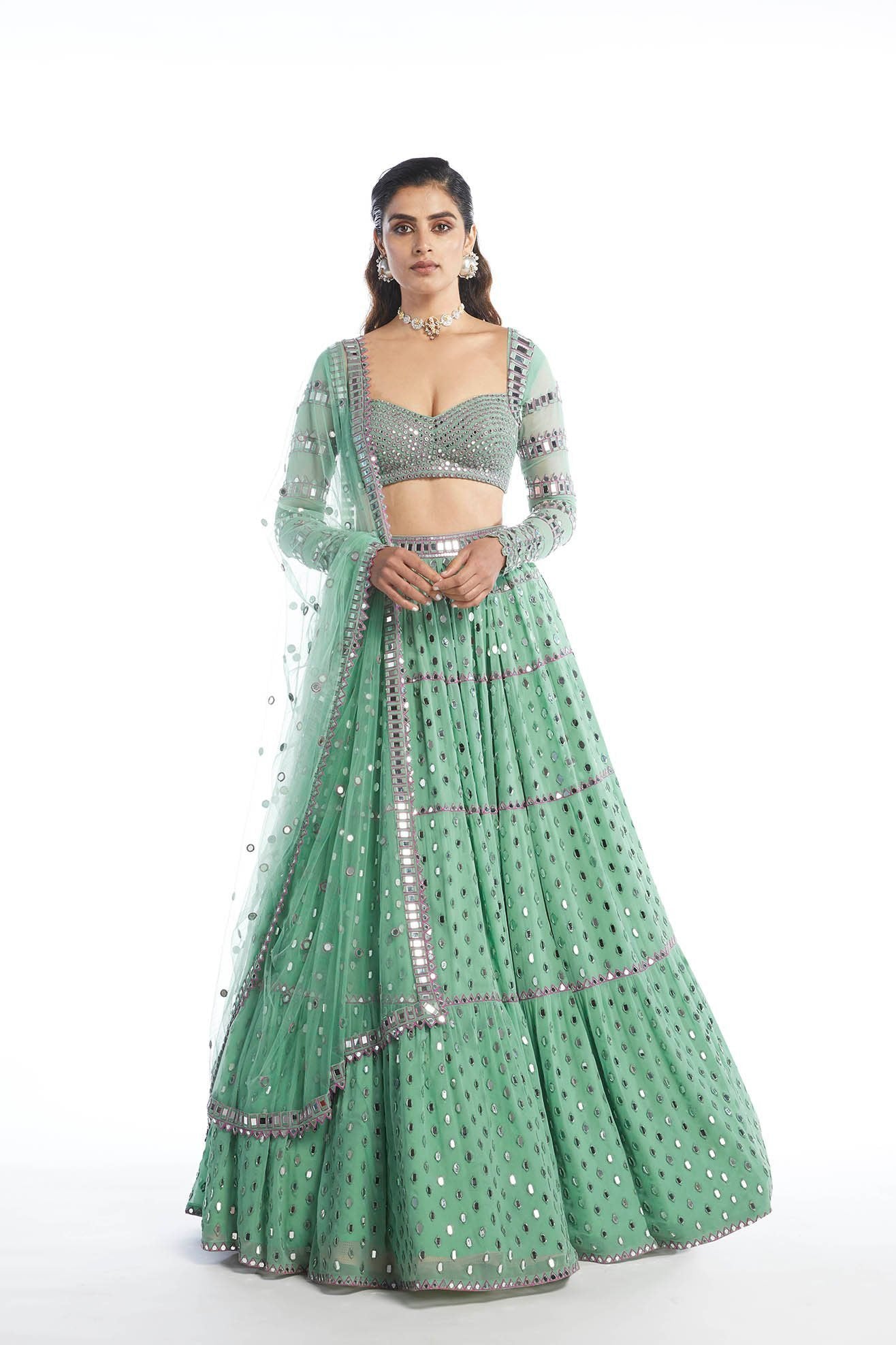 Dull Mint Tier Lehenga Set