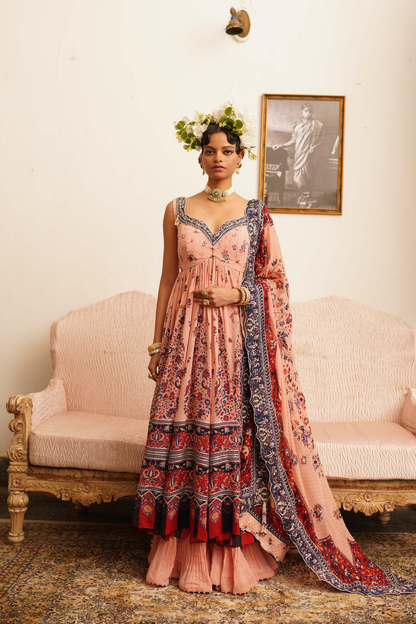 Soft pink open Jacket with crushed sharara set