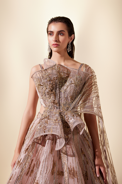 Peachy Cascade Lehenga Set
