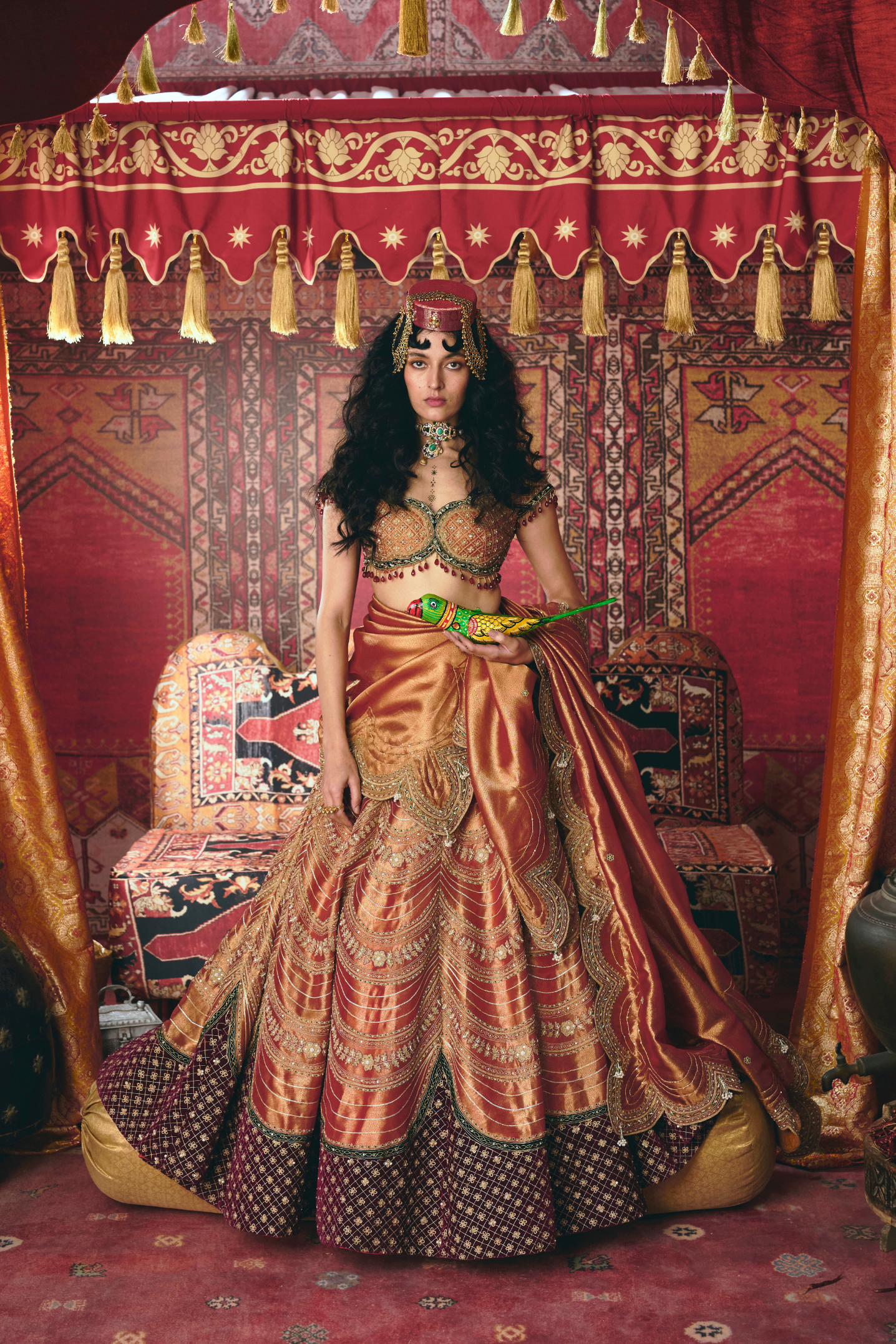 Rust Orange Pure Tissue and Maroon Velvet Lehenga Set