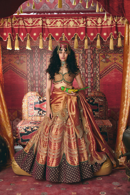 Rust Orange Pure Tissue and Maroon Velvet Lehenga Set
