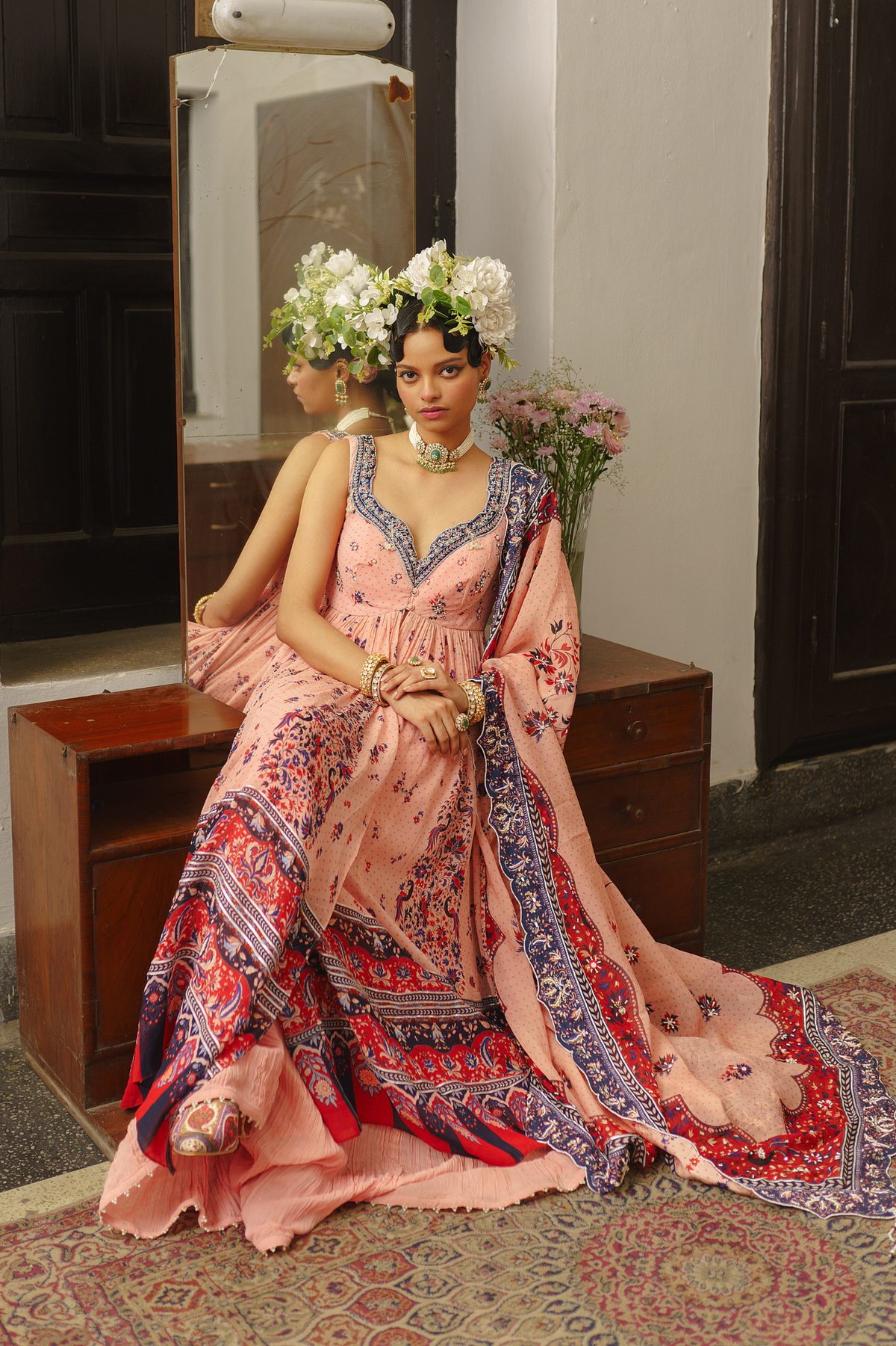 Soft pink open Jacket with crushed sharara set