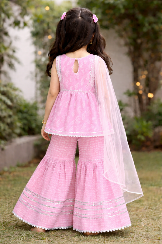 Pink Hand Block Printed Cotton Sharara Suit