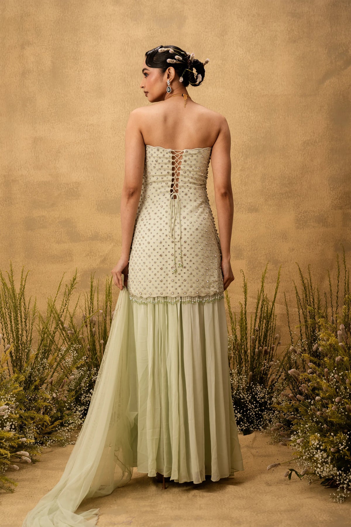 Mint green hand embroidered georgette sharara set